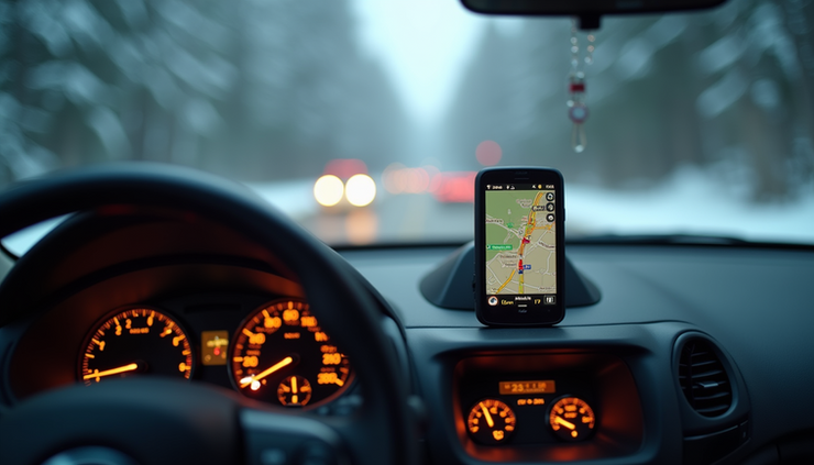 Eye-level view of a car dashboard showing holiday travel route on GPS
