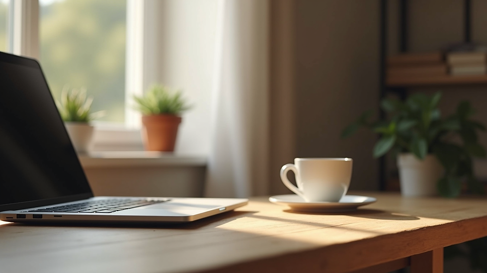 Eye-level view of a cozy home office with a laptop and a cup of tea