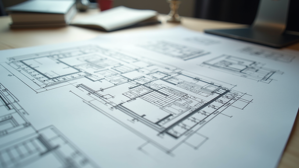 High angle view of architectural floor plans on a desk