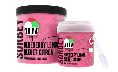 Coppas "Blueberry Lemon" Sorbet 500 milliliter pint, and 188 milliliter grab & go cup.