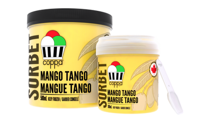 Coppas "Mango Tango" Sorbet 500 milliliter pint, and 188 milliliter grab & go cup.