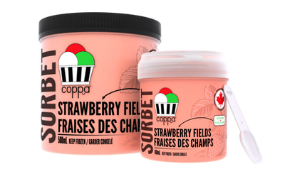 Coppas "Strawberry Fields" Sorbet 500 milliliter pint, and 188 milliliter grab & go cup.