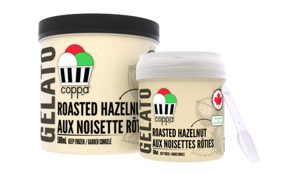 Coppas "Roasted Hazelnut" Gelato 500 milliliter pint, and 188 milliliter grab & go cup.