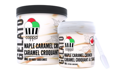 Coppas "Maple Caramel Crunch" Gelato 500 milliliter pint, and 188 milliliter grab & go cup.