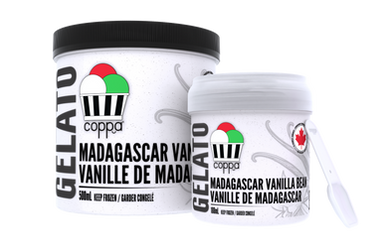 Coppas "Madagascar Vanilla Bean" Gelato 500 milliliter pint, and 188 milliliter grab & go cup.