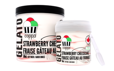 Coppas "Strawberry Cheesecake" Gelato 500 milliliter pint, and 188 milliliter grab & go cup.