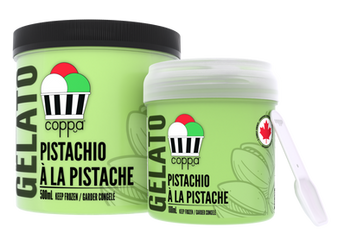 Coppas "Pistachio" Gelato 500 milliliter pint, and 188 milliliter grab & go cup.