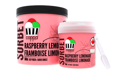 Coppas "Raspberry Lemonade" Sorbet 500 milliliter pint, and 188 milliliter grab & go cup.