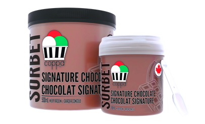 Coppas "Signature Chocolate" Sorbet 500 milliliter pint, and 188 milliliter grab & go cup.