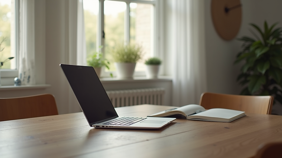 Eye-level view of a serene home office setup with a laptop and a comfortable chair