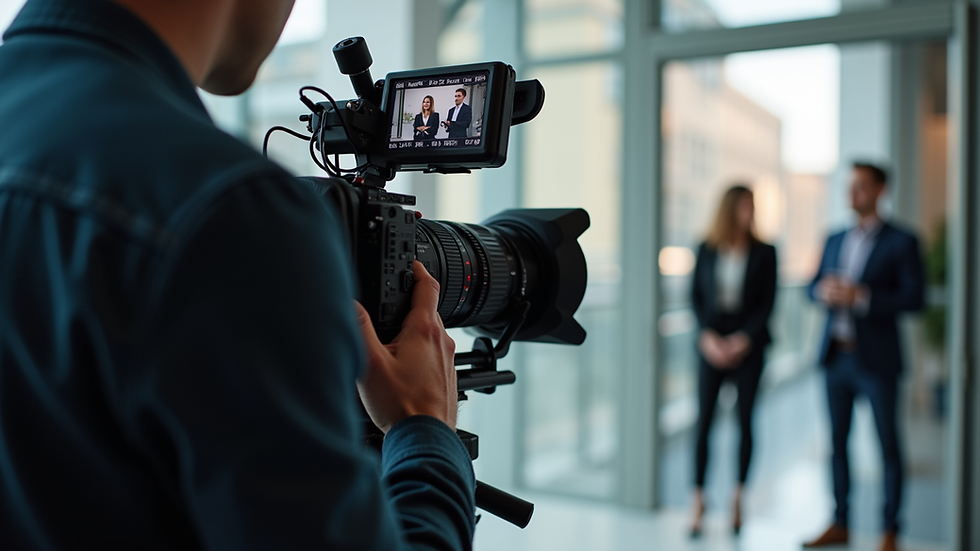 Eye-level view of a professional video camera filming a corporate interview