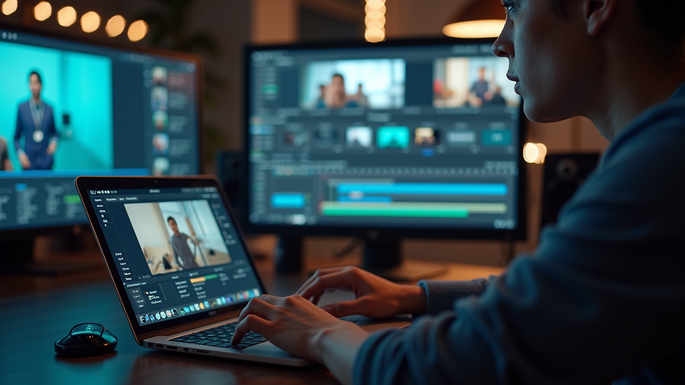 Close-up view of a video editor working on a corporate video project