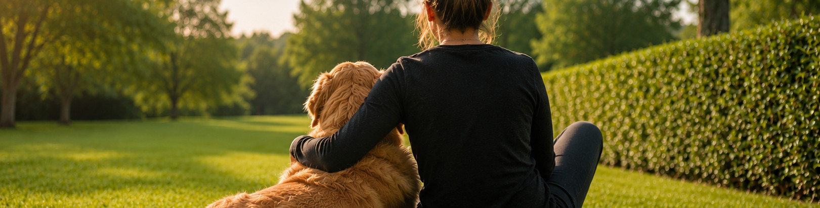PSB Assistenzhund mit Frau sitzend auf der Wiese