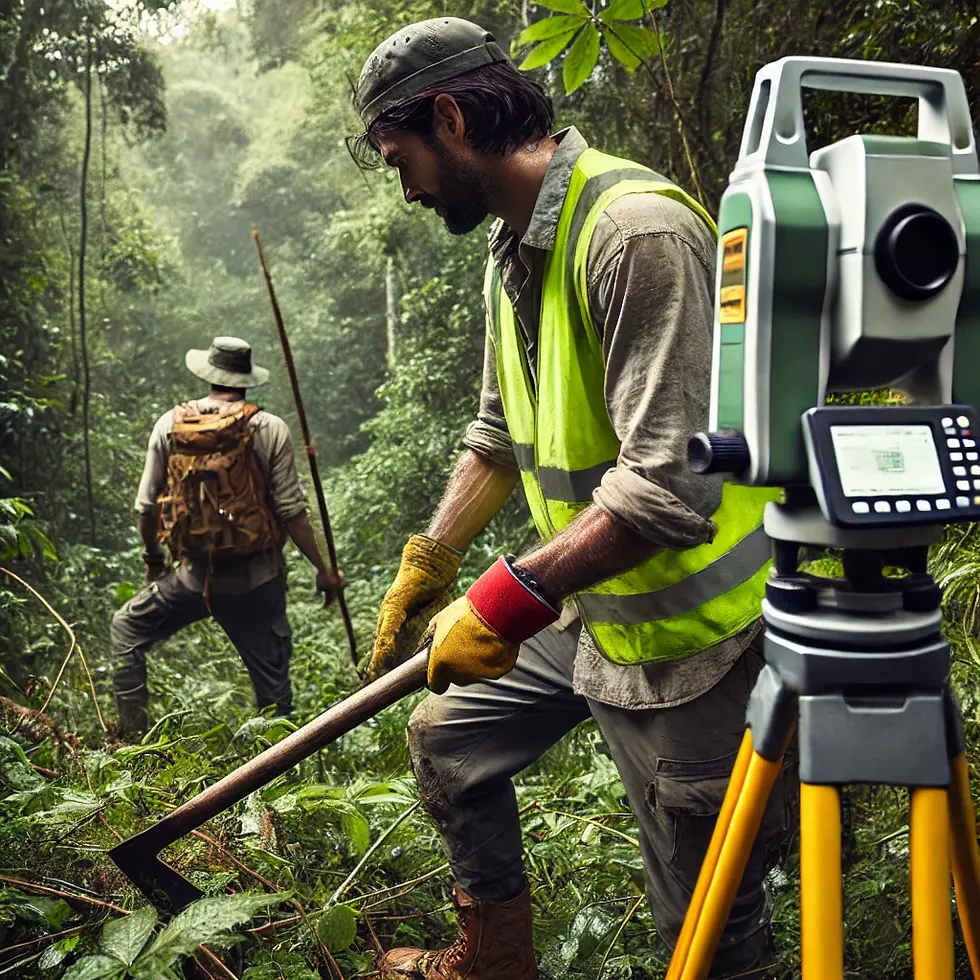 Surveyors navigate dense forest terrain, clearing obstacles to establish precise property lines, highlighting the additional cost factors involved in such challenging environments.