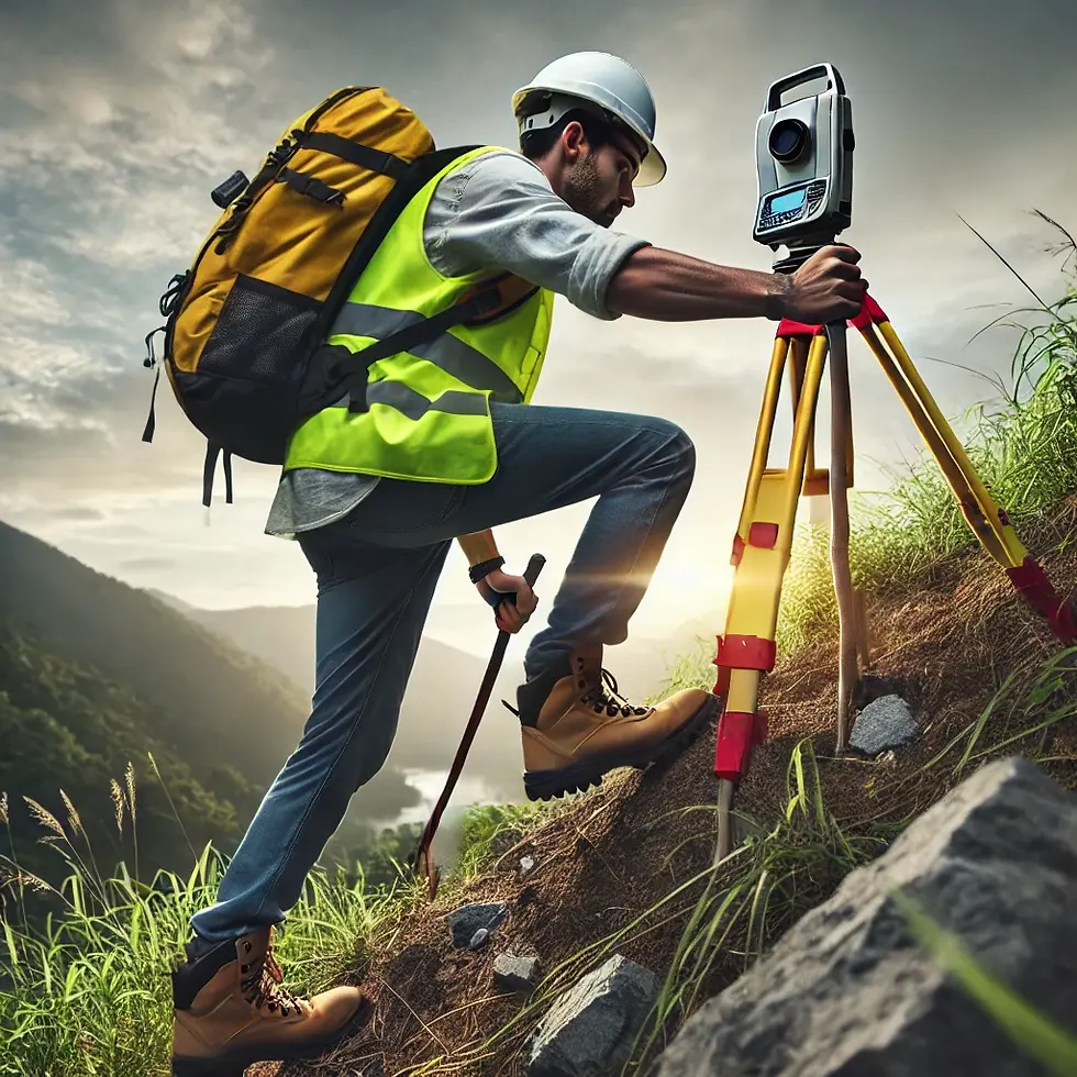 A surveyor skillfully maneuvers rocky terrain, highlighting the challenges and costs associated with land surveying in steep landscapes.