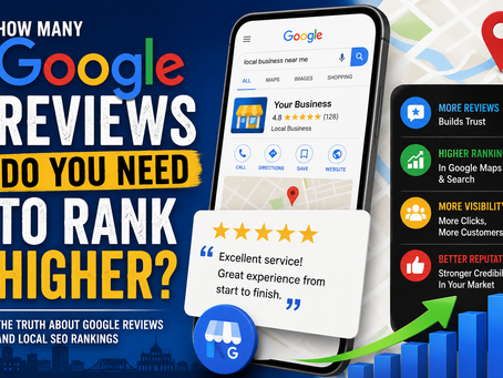 Illustration showing Google reviews, Google Business Profile, five-star ratings, and local SEO ranking factors for businesses looking to improve Google Maps visibility.