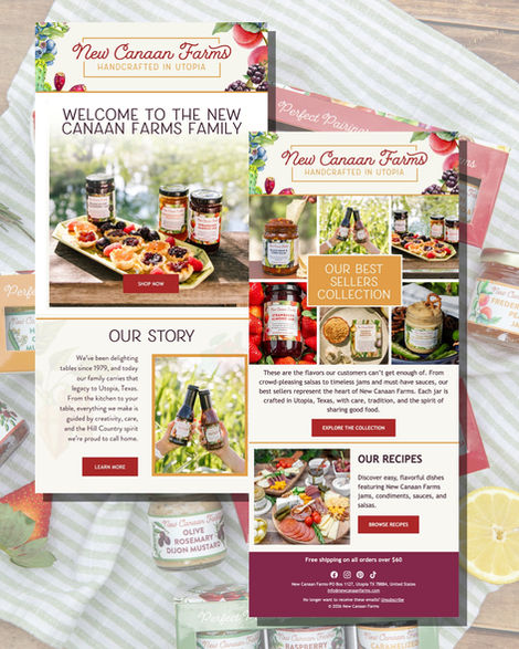 Collage of New Canaan Farms product images and text.