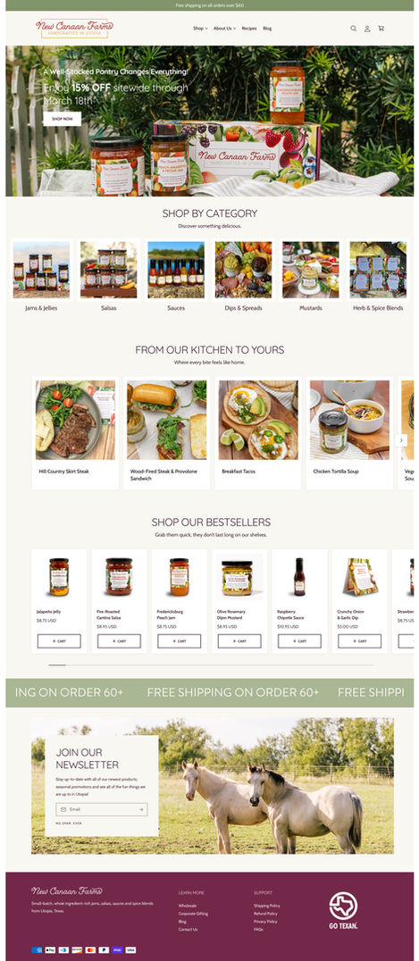 Jars and bottles displayed on a wooden shelf.