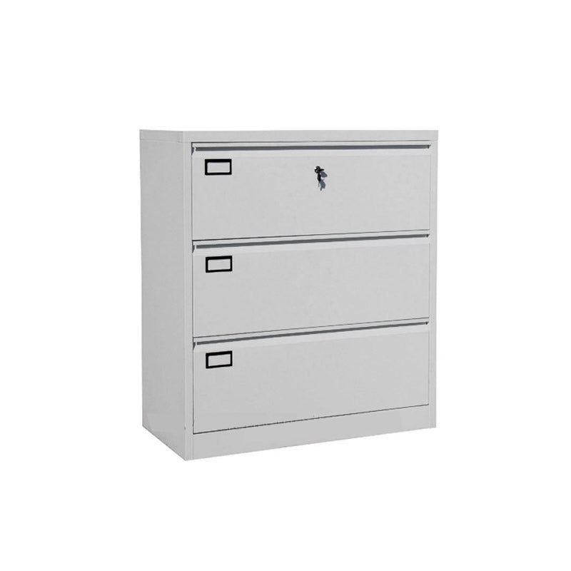 Three-drawer filing cabinet with lock and handles on a white background.