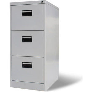 A gray three-drawer file cabinet with black handles, shadow effect, and OBRA Furniture.