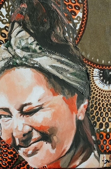 Gill Douglas Fine Artist Portrait of Smiling woman with Wax Print Fabric