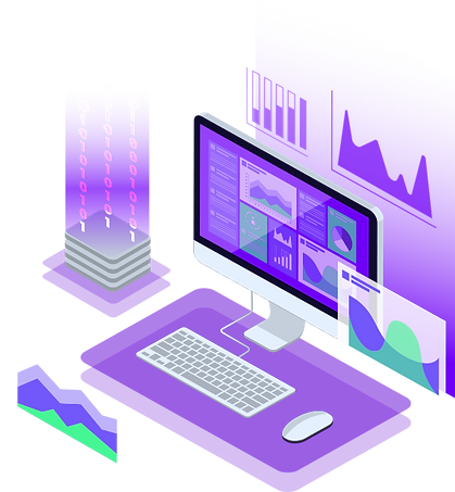 Computer monitor displaying charts and graphs with server and binary code data analysis.