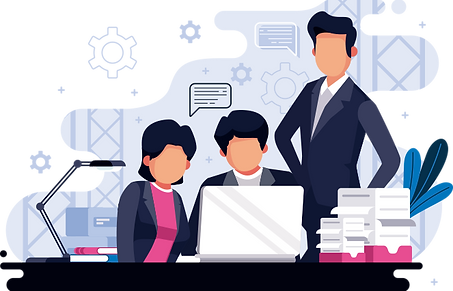 Team of business people collaborating, working on laptop, with stacks of documents.