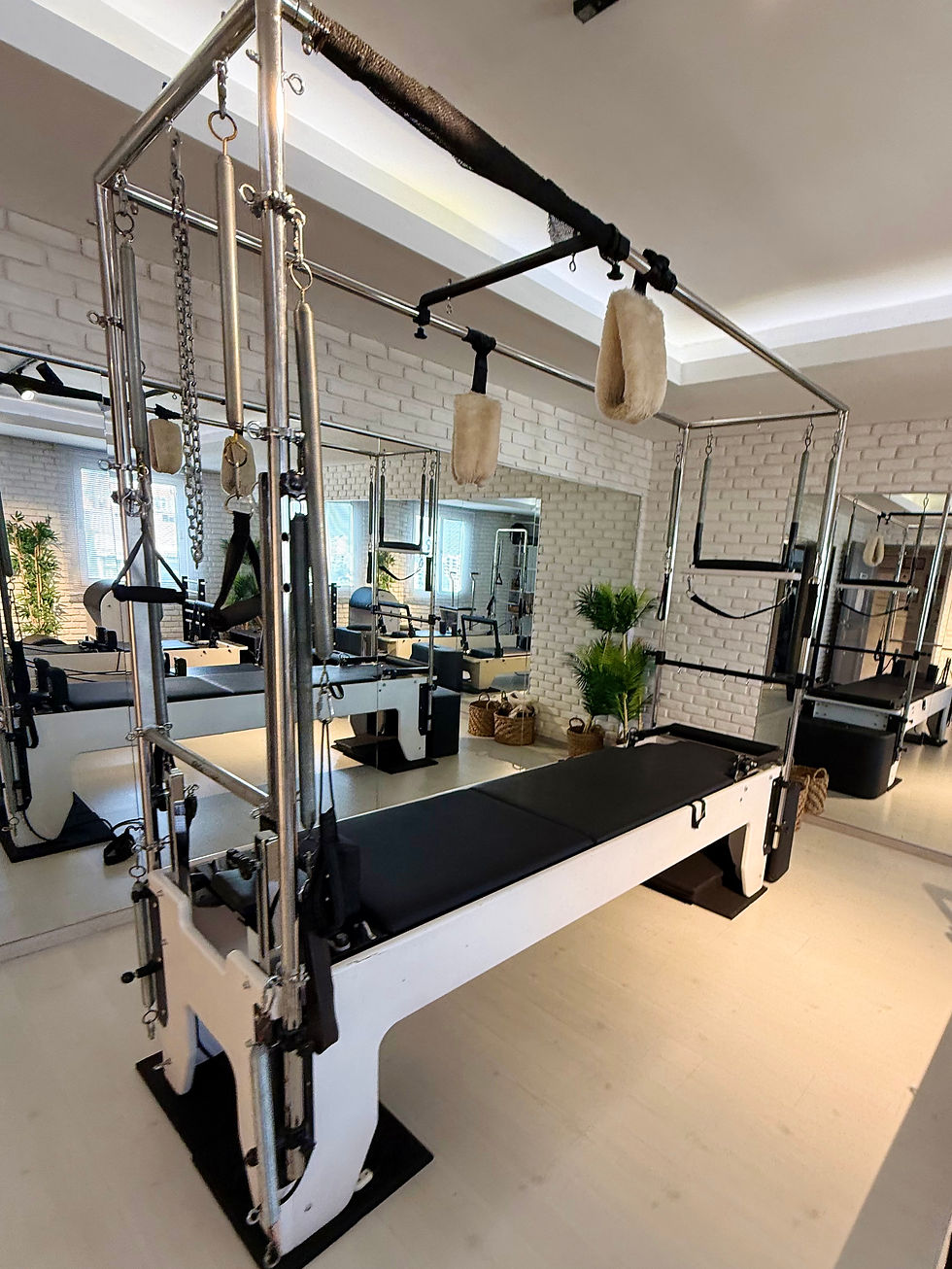 Close-up view of pilates reformer machine in a studio