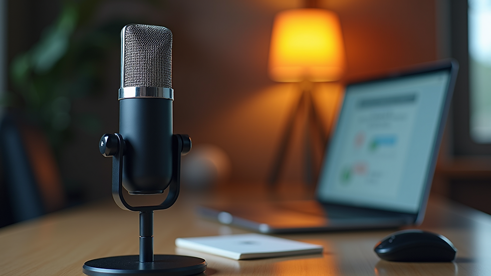 Close-up view of a professional podcast microphone on a desk