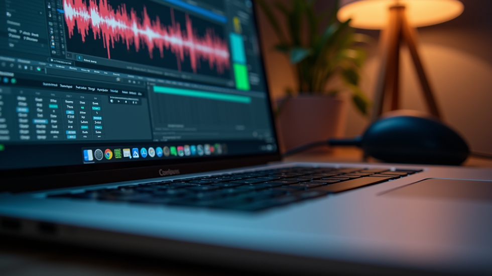 Eye-level view of a laptop with audio editing software open