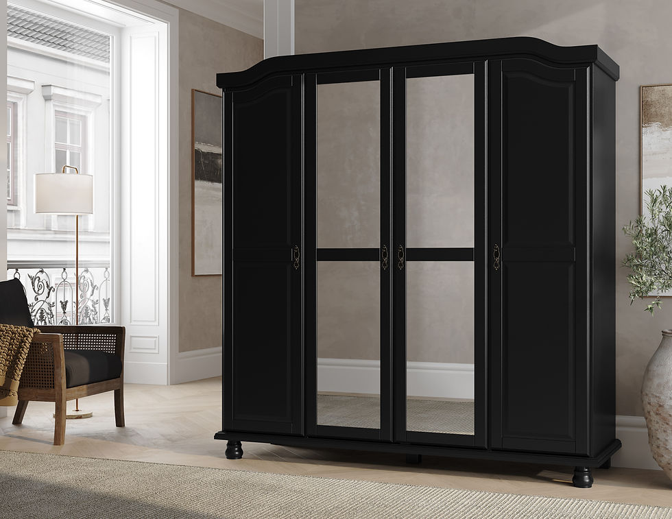 8207M 100 Solid Wood Kyle 4Door Wardrobe Armoire with Mirrors, Black Palace Imports
