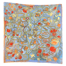A square painting the depicts tomato vines on a blue background. Upon closer inspection, the vines are arranged to spell the words 'Rage Rage Rage'.