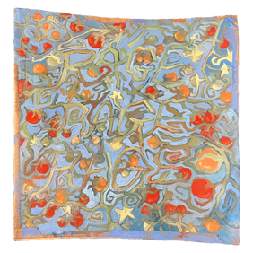 A square painting the depicts tomato vines on a blue background. Upon closer inspection, the vines are arranged to spell the words 'Rage Rage Rage'.