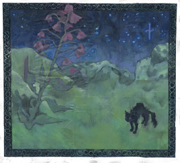 a landscape painting of a mountains-cape, covered in snow which appears to be a toxic green. there is a night sky above featuring numerous stars, and a light blue dagger to the top right. there is a large persian lily in the foreground, stretching from the bottom left corner towards the upper middle of the painting. it has mauve flowers. there is a black cat, standing as if guarded and scared, in the bottom right hand corner. it has blue eyes. there is a border of interlaced lines, the same colour as this cat.