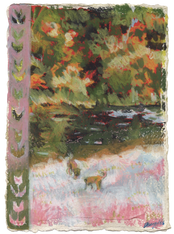 A portrait drawing of two ginger dogs on the bank of a river. There are trees on the other side. There is a pink and green border on the left of folk-style tulips.