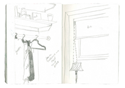 A sketchbook page spread with a drawing of an open wardrobe with clothes draped on hangers, alongside a window with blinds, in pencil.