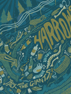 A square drawing of a dark blue background, alongside a colour palette of dark and light greens, lighter blues and creams. The word 'Harrows' is written on a diagonal in the top right. In the bottom left, on the same diagonal, are various objects that are mentioned within the lyrics of the album, and within places that Jack & The Giants have performed. For example, there are a pair of lefts with the bone showing, a bottle of wine, a spine, twigs, mushrooms, petrol canisters and a tyre. Around these, in the bottom right and top left around these drawings are trees, telephone lines, and fields of grass.