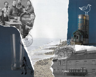 A digital collaged piece collating Daisy's illustrated handwriting of song lyrics relating to the beach. Photographer Lauryn Boon has used historial photographs and their own product and landscape photography within this collage to visually illustrate the history and context of Adnams as a brand.