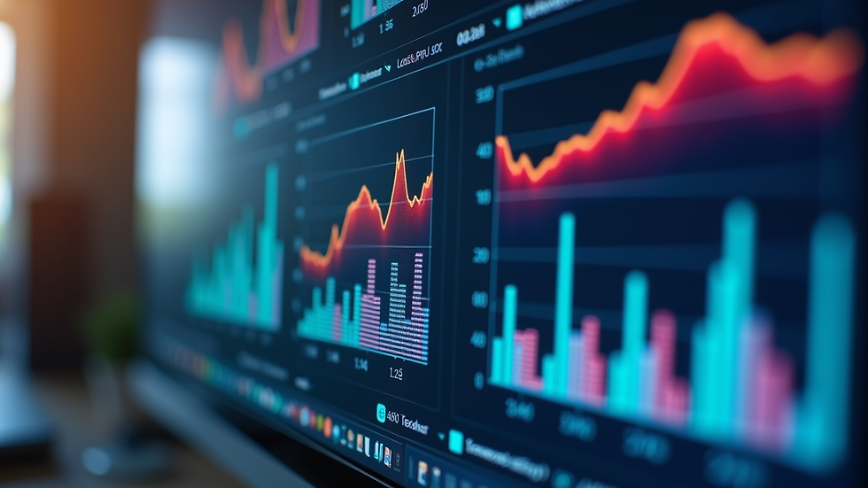 Close-up view of a computer screen showing a colorful BI dashboard with charts and graphs