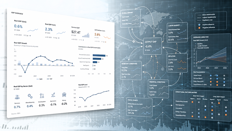 Decision matrix showing how GDP structural factors affect investors, executives, analysts, and risk managers.