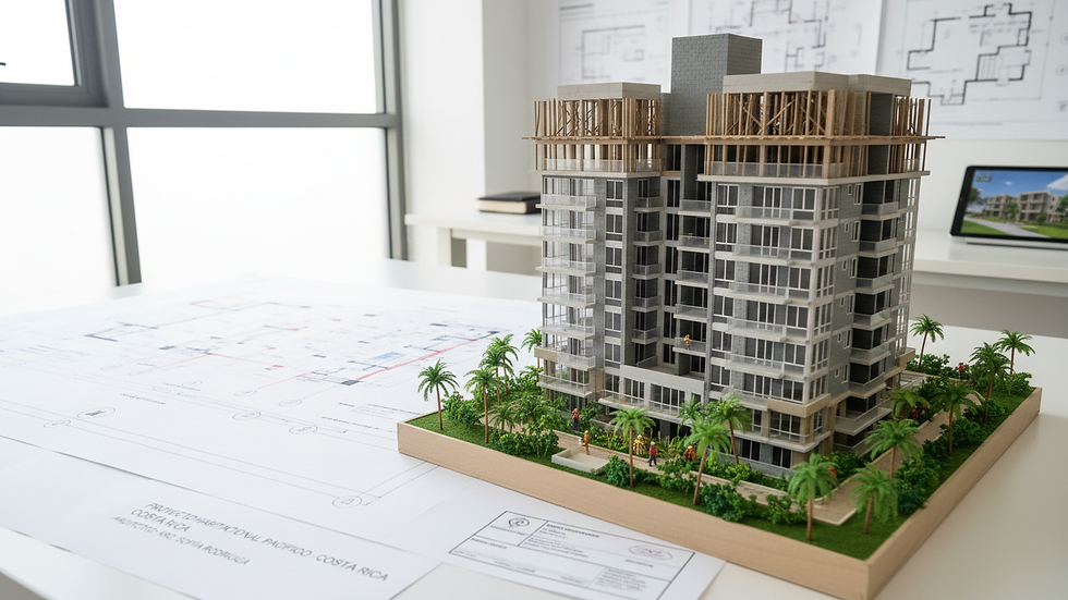 Plano arquitectónico y maqueta de vivienda en construcción