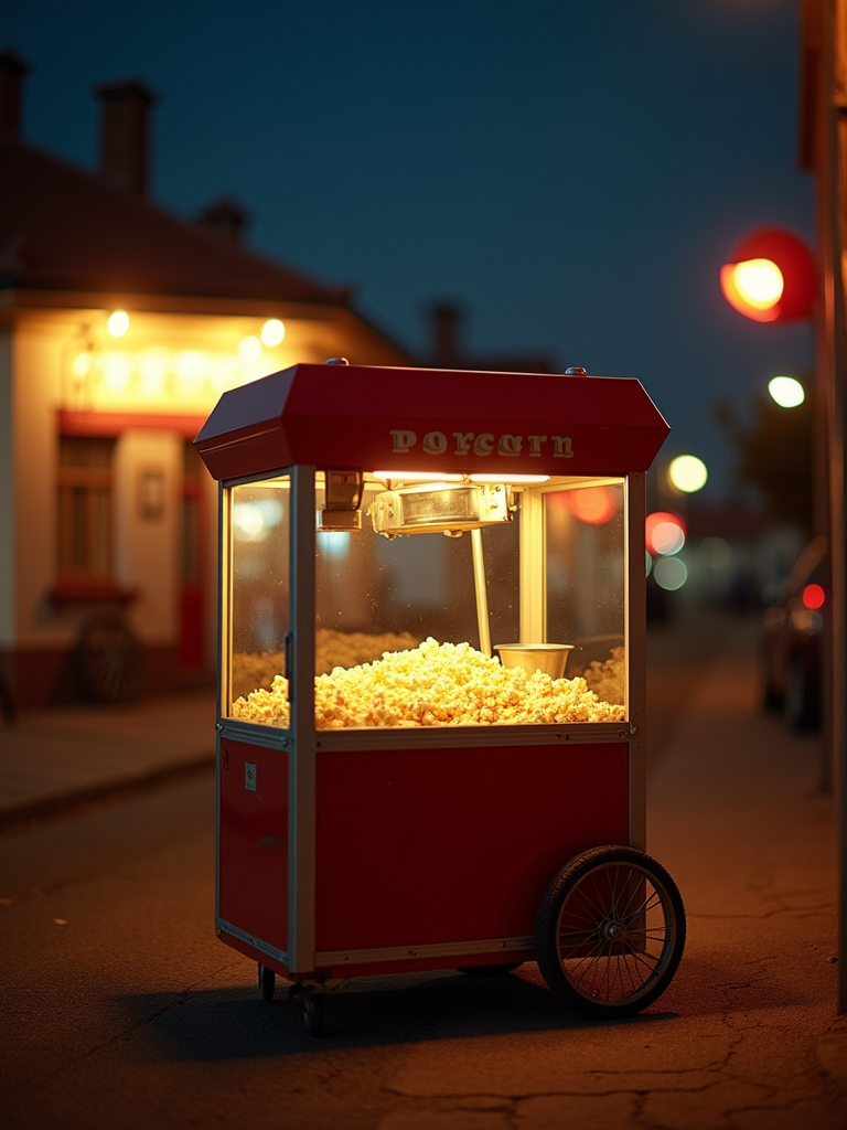 A classic retro movie theater popcorn machine illuminated by warm night lighting.
