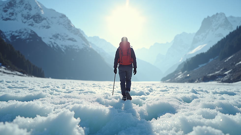Eye-level view of a hiker walking on a pristine Swiss glacier with mountains in the background