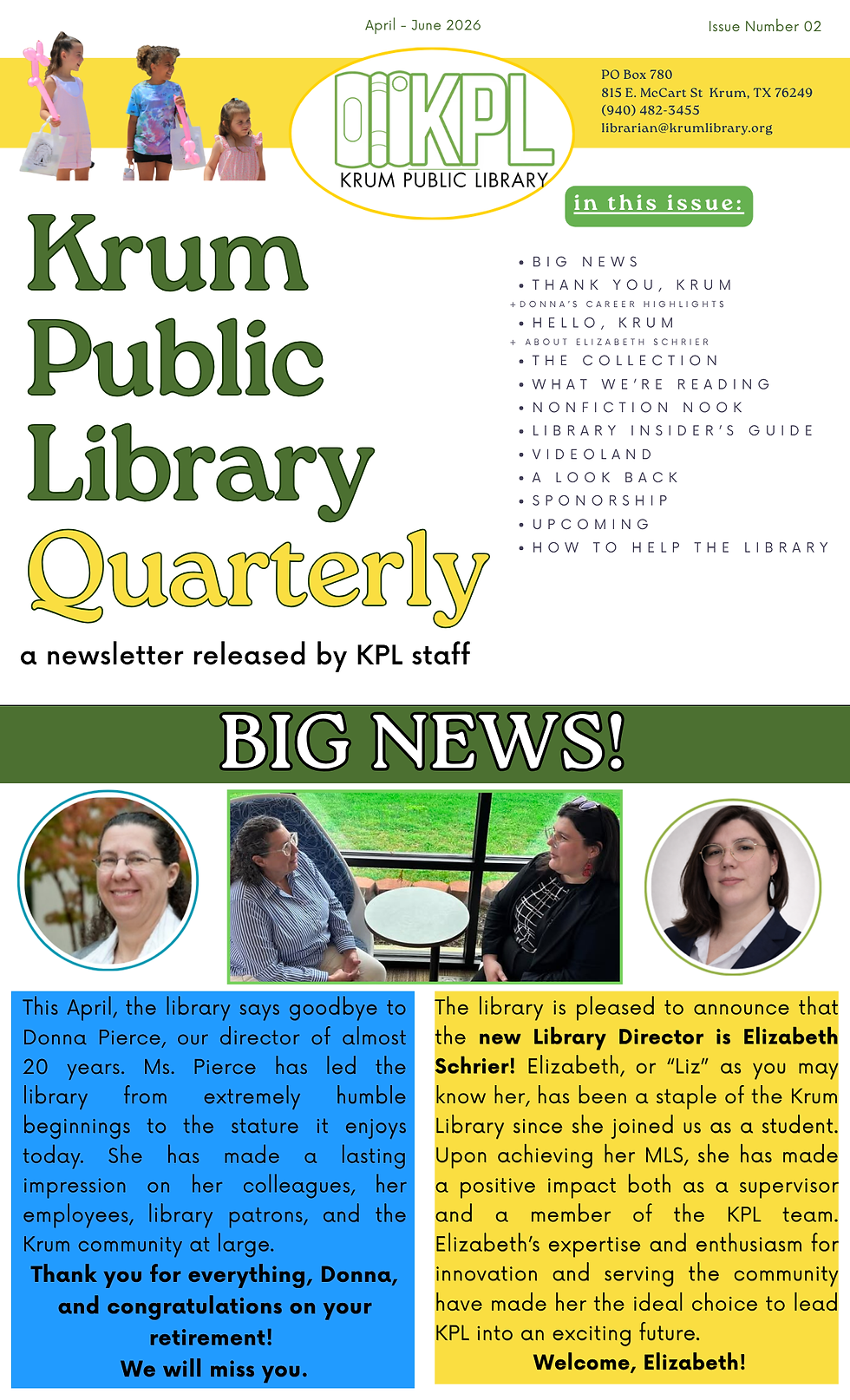 Krum Library Quarterly Newsletter, Issue Number 02