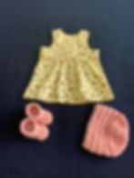 handmade yellow pinafore with hat and booties back view