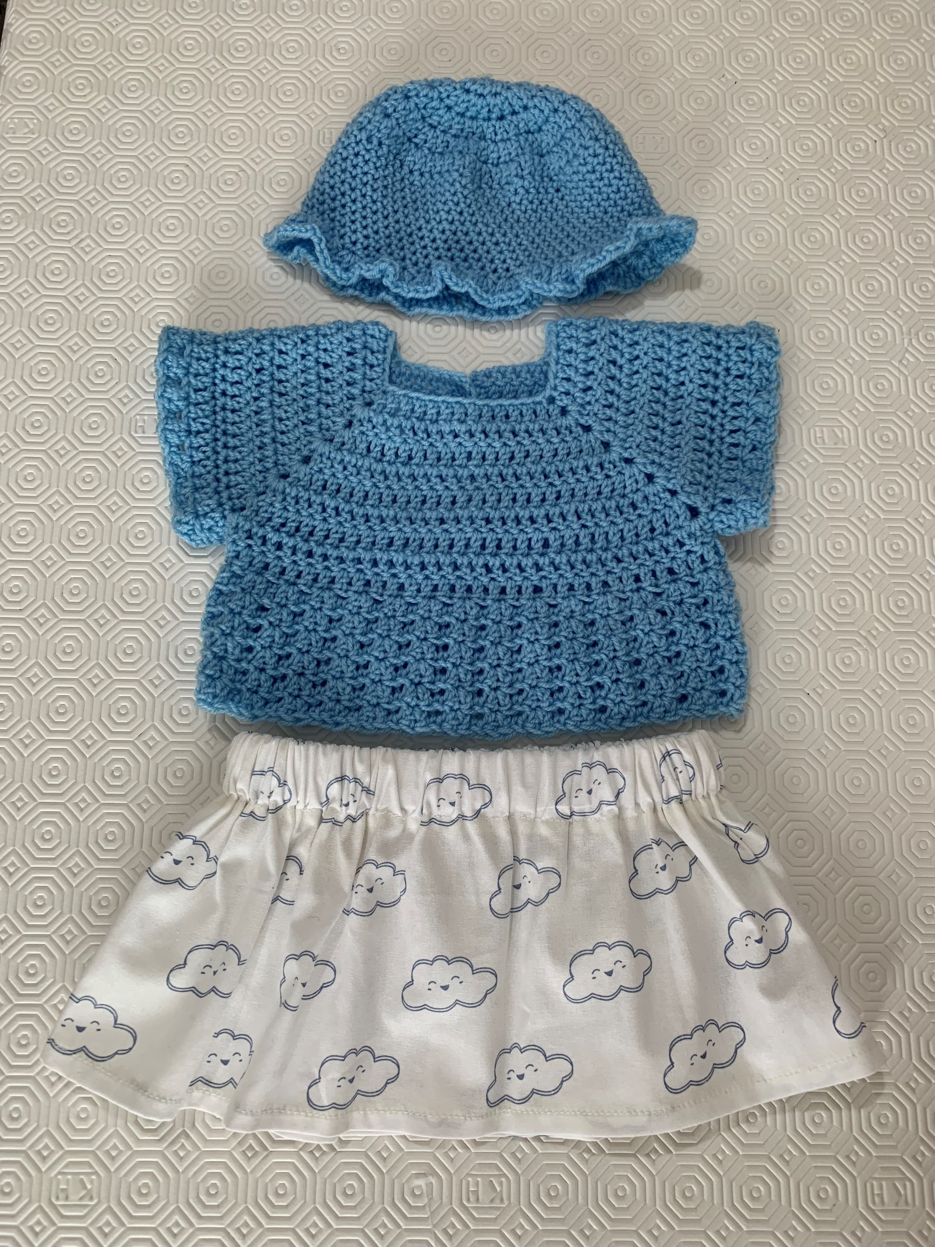 blue crochet three peice outfit front view