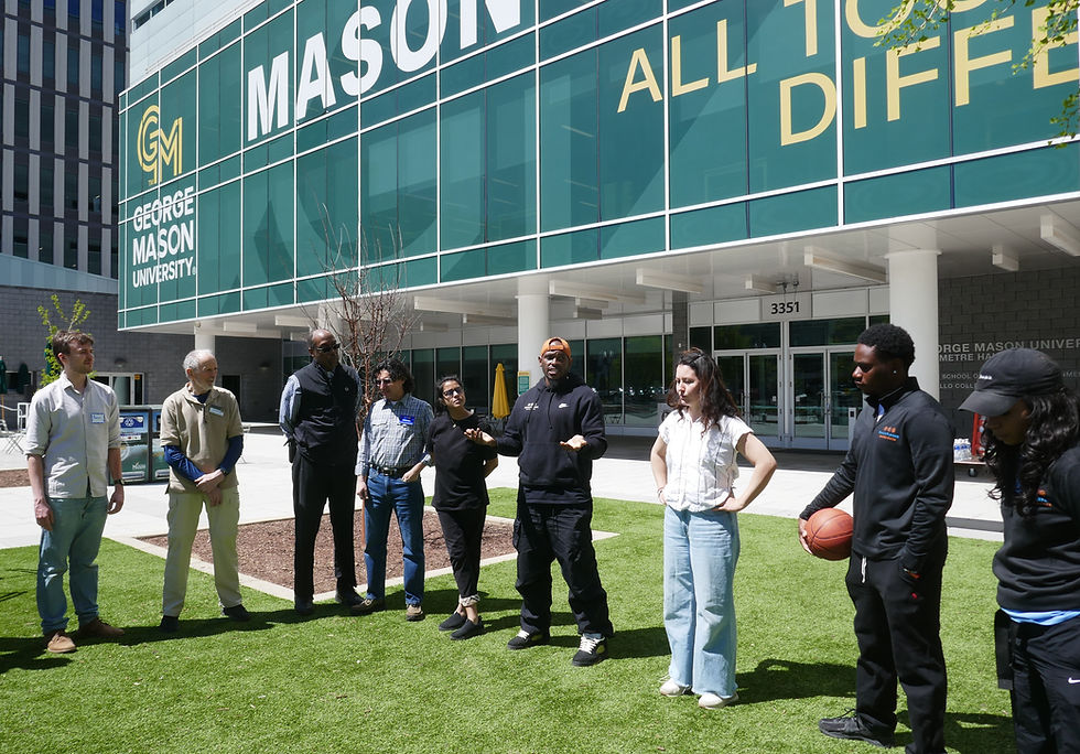 PeacePlayers International facilitated participant activities using sports to build trust, teamwork, and peacebuilding skills on the green at the George Mason Arlington Campus