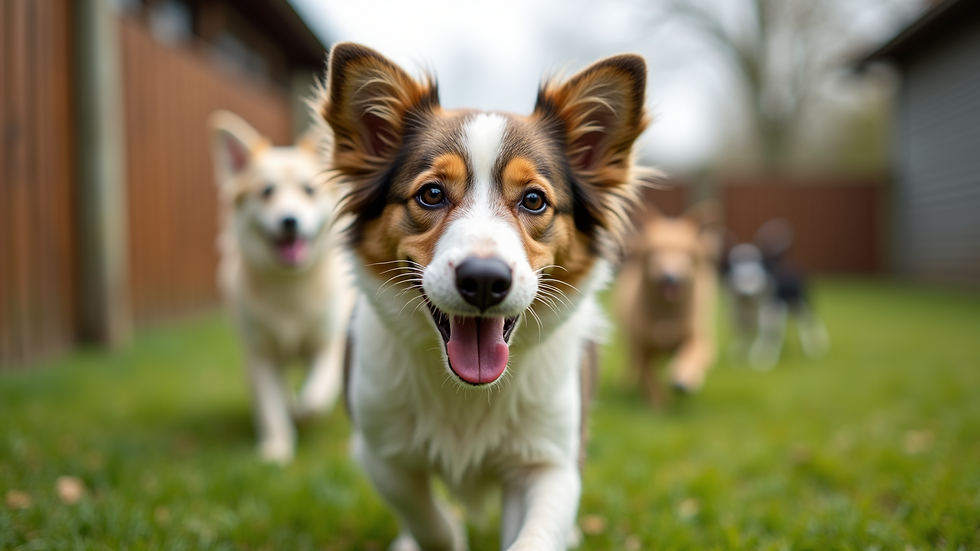 Eye-level view of a dog playing with other dogs in a grassy outdoor doggy daycare area