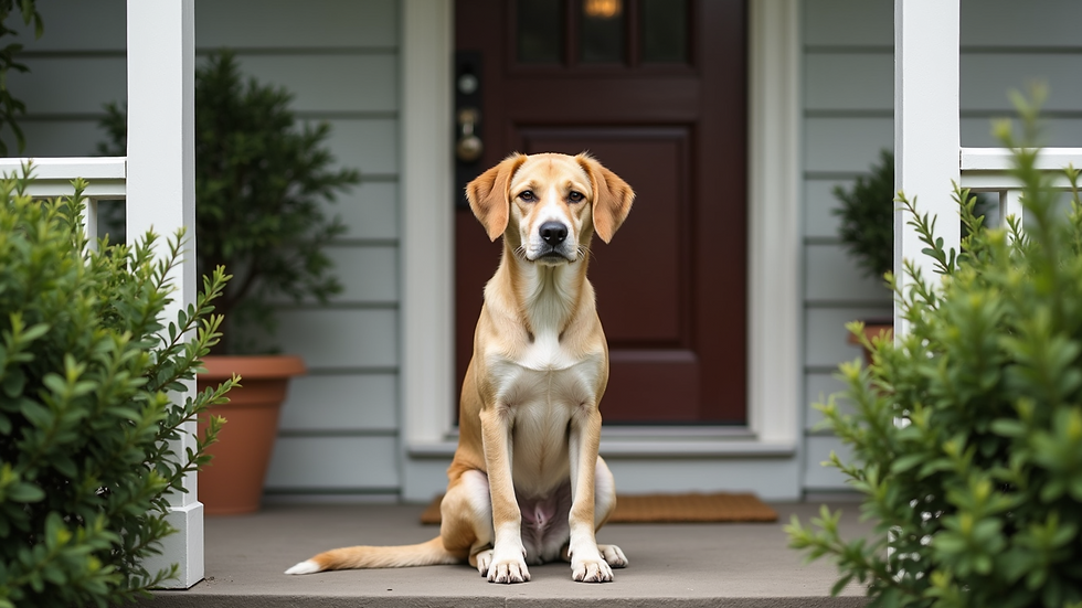 Eye-level view of a dog sitting calmly on a porch