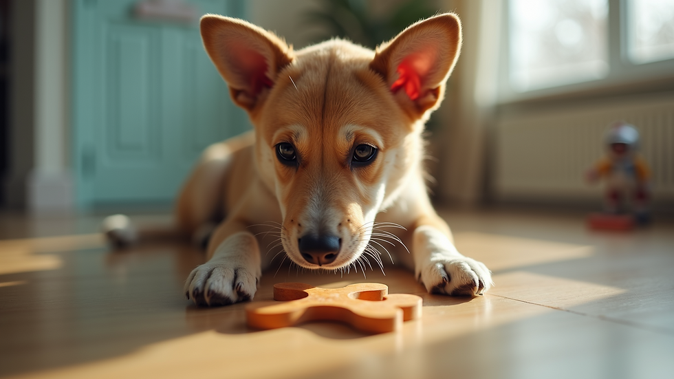 Close-up view of a dog playing with a puzzle toy at doggy daycare